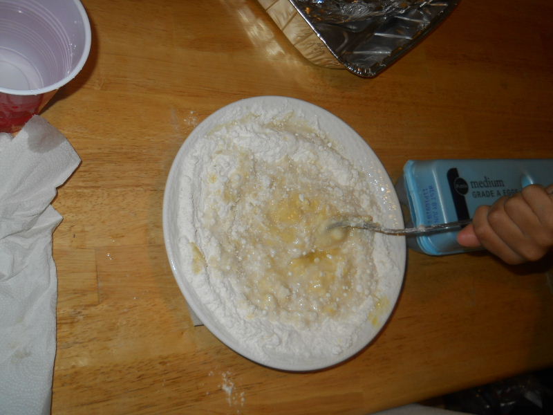 The mixing of the batter.