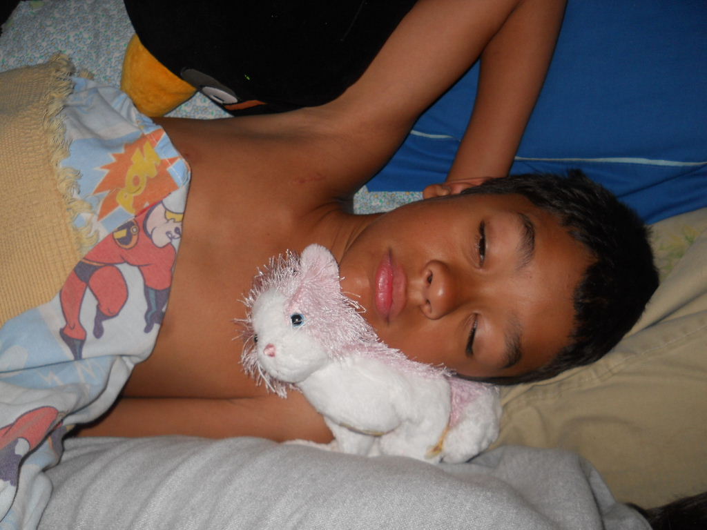 What I saw when I came in to wake him up.