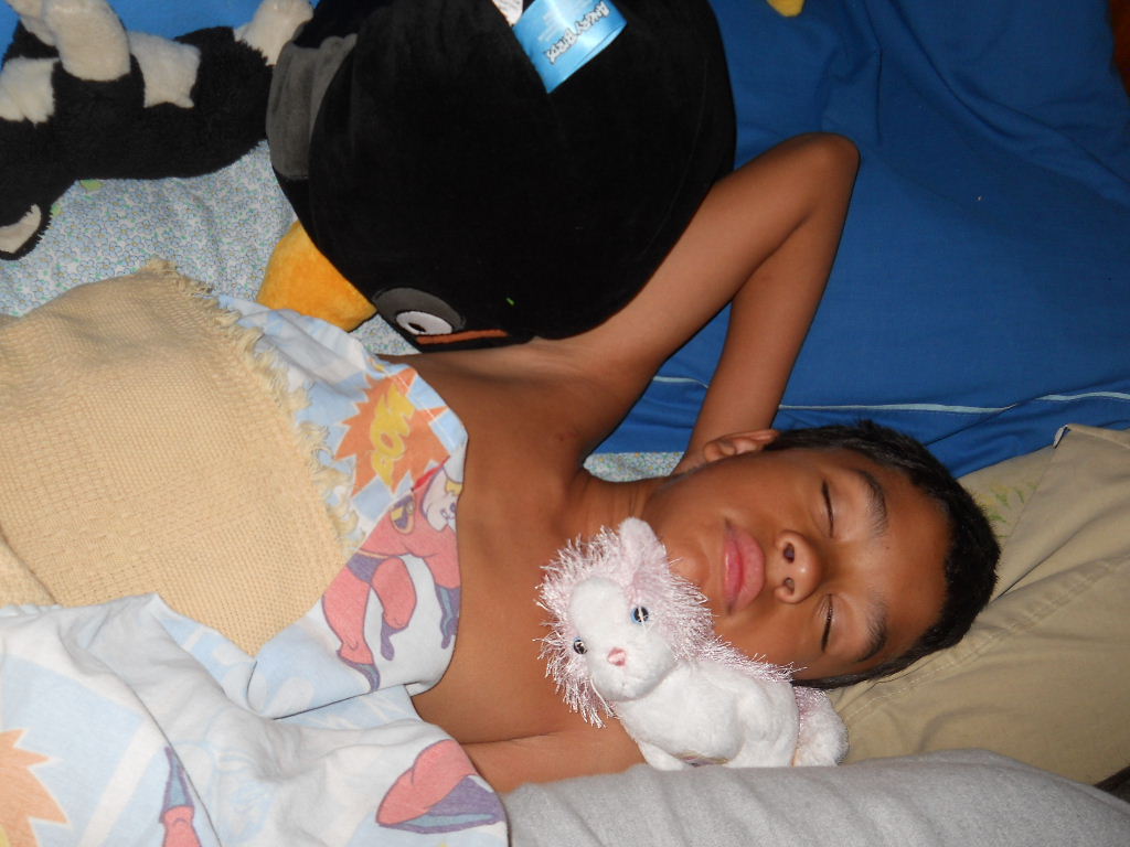 This is his new stuffed kitty, I didn't think he would take to her since she is pink and obviously a girl's doll